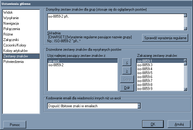 Domylny zestaw znakw dla grup...: iso-8859-2 pl\.; Uyj najlepiej pasujcy zestaw znakw z: us-ascii, iso-8859-2; Dopu 8bitowe znaki w emailach