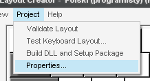 Wybór właściwości projektu z menu