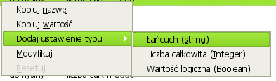 Wybór typu nowego elementu z menu